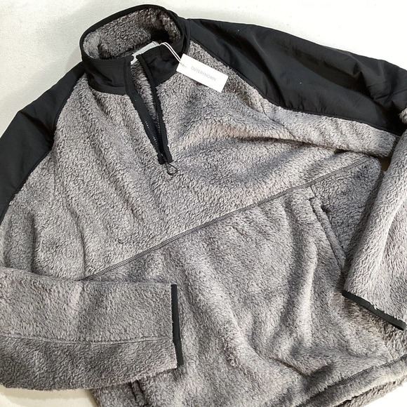 Outerknown 1/4 Zip Sweater Mens L‎ Black Grey Soft Sherpa Teddy Fleece Pullover - Picture 1 of 7